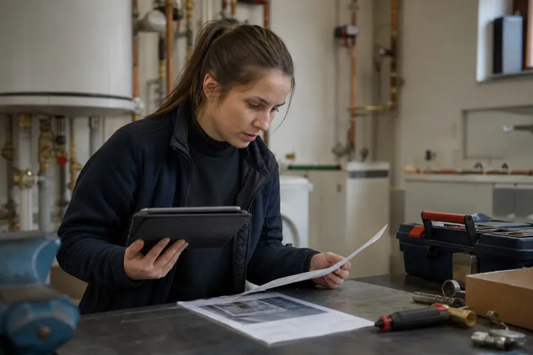 Mitarbeiterin vergleicht auf einem Tablet eine Anlagenakte mit einem ausgedruckten Laborbericht