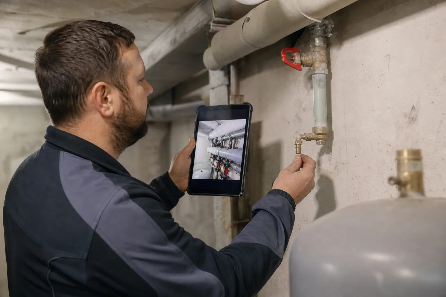 SHK Mitarbeiter vergleicht ein Anlagenfoto mit einer Probenahmearmatur an einer Warmwasserleitung