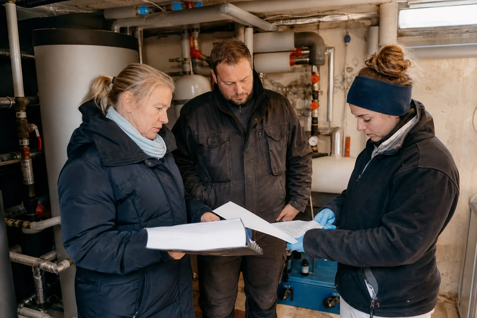Hausverwalterin, SHK Fachkraft und Laborprobennehmerin besprechen Unterlagen in einem Technikraum