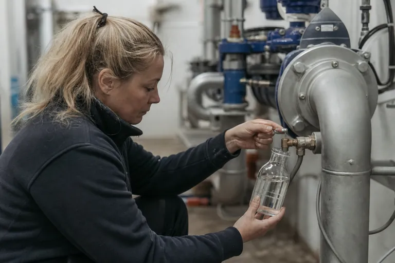 Laborprobennehmerin nimmt eine Trinkwasserprobe an einer Warmwasserleitung